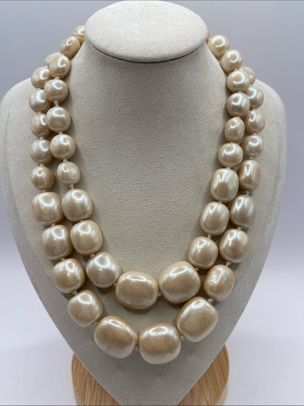 Double Strand Individually Knotted Faux Baroque Pearl Necklace 18”L Feminine